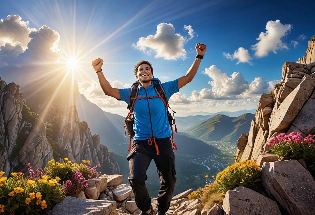 A dynamic scene of a cheerful person overcoming challenges, surrounded by tenacious symbols like climbing a mountain and breaking through barriers. Bright colors radiate positivity, with rays of sunlight illuminating their path, depicting transformation and resilience. The background features a vibrant landscape with blooming flowers and a clear blue sky, symbolizing growth and hope. super-realistic. vibrant colors.