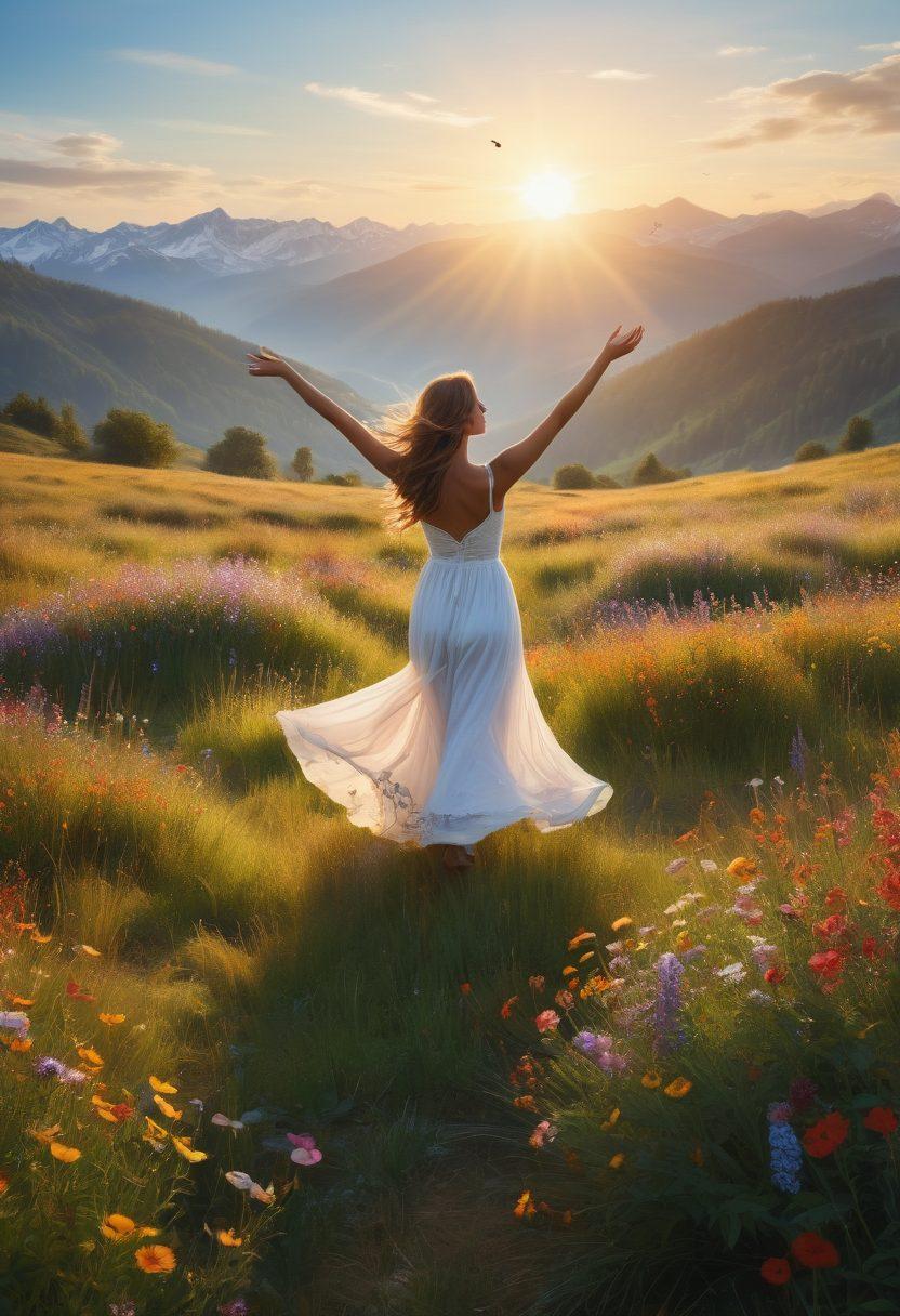 A serene landscape depicting a sunlit meadow filled with colorful wildflowers and clear blue skies, where a figure joyfully dances with outstretched arms, radiating happiness and optimism. In the background, faint mountains symbolize resilience, while butterflies flutter around, representing delight. A warm, golden light bathes the scene to enhance the feeling of bliss. super-realistic. vibrant colors.