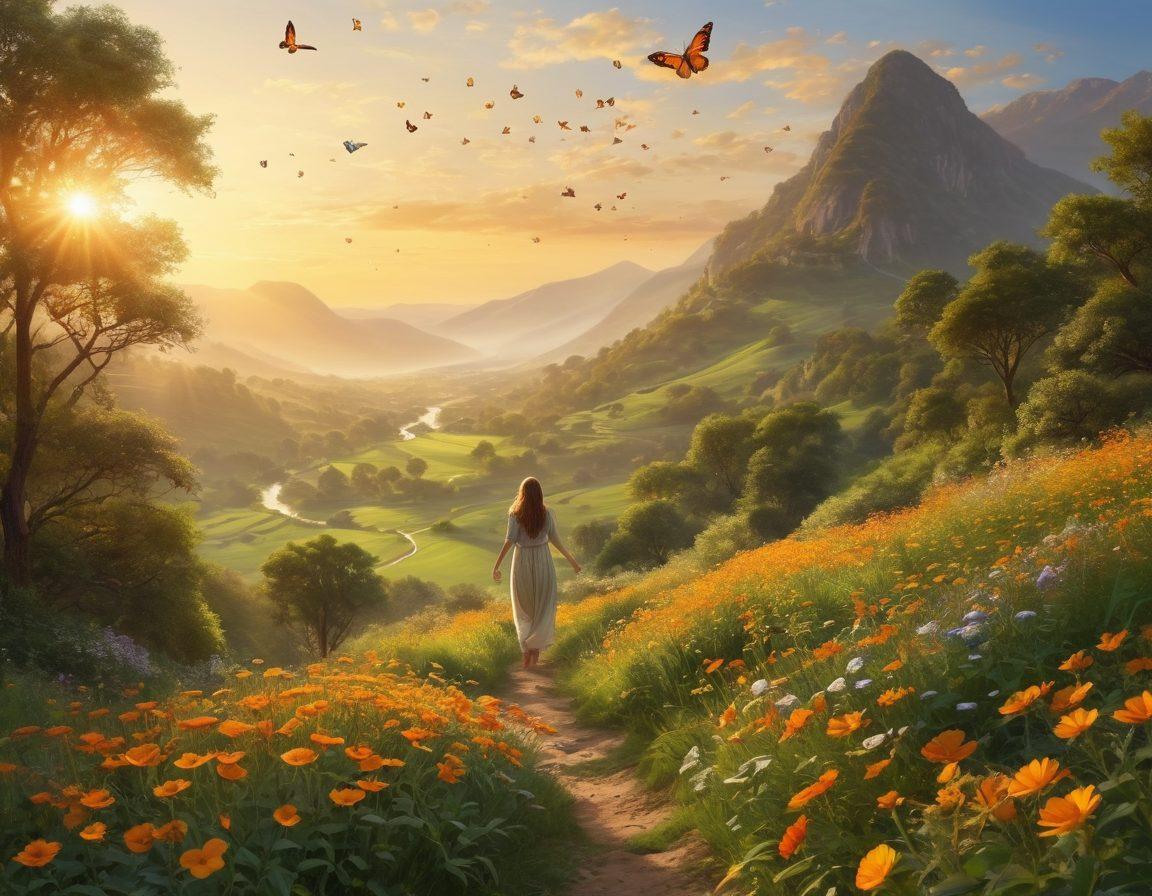 A serene landscape depicting a person joyfully embracing the sun as it rises over a lush green valley, symbolizing optimism and tenacity. Surrounding them are vibrant flowers and butterflies, embodying the essence of a blissful life. The scene is filled with warm, golden hues to evoke feelings of happiness and tranquility. super-realistic. vibrant colors.